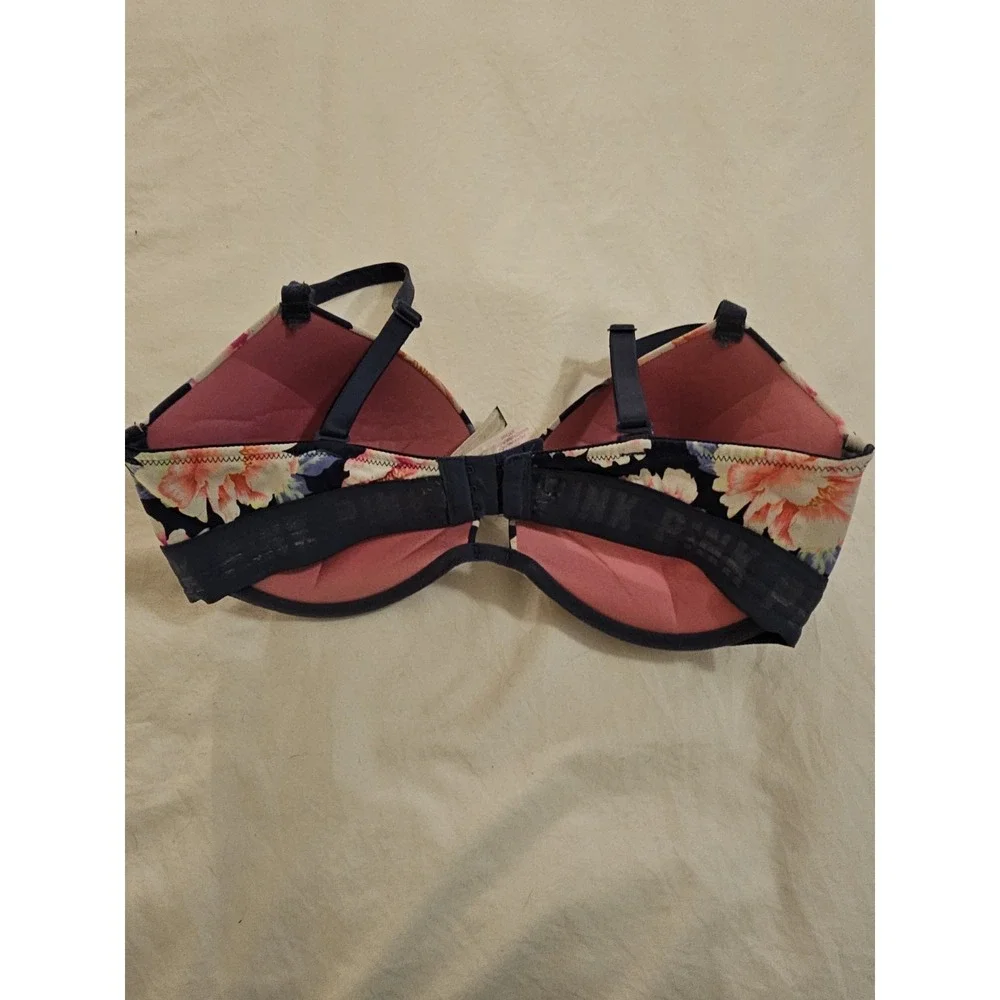 PINK Victoria's Secret Floral‎ Push Up Bra Navy Blue Pink Size 34DD